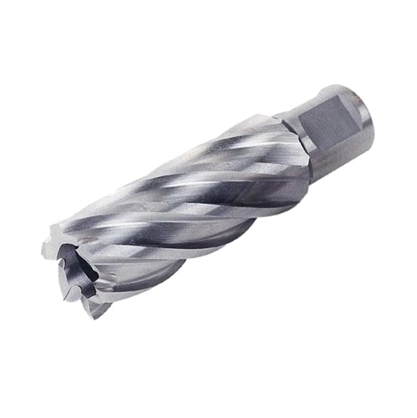 Close-up of a Fein Slugger carbide-tipped annular cutter featuring spiral cutting edges and a hollow center. The tool is designed for high-speed steel drilling with a 5/8" diameter, 2" cutting depth, and 3/4" Weldon shank. Ideal for burr-free hole creation in metalworking and fabrication using magnetic drill presses.