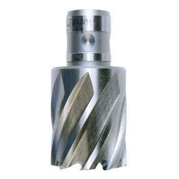 Fein Slugger HSS annular cutter with a 2-5/16" diameter and 3" cutting depth. The cylindrical tool features sharp helical cutting edges around its perimeter and a 3/4" Weldon shank with a flat section and mounting hole. Designed for magnetic drill presses, this high-speed steel cutter is used in industrial metalworking to create large, burr-free holes in steel and other metals with precision and speed.