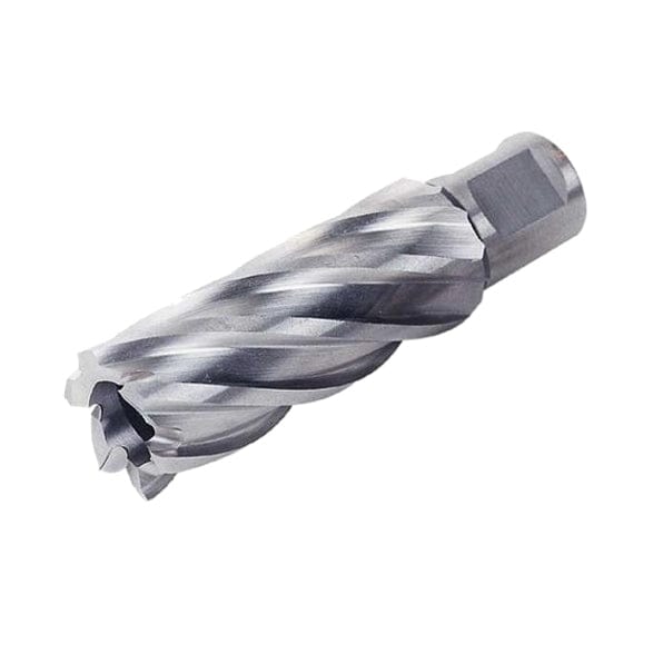 Fein Slugger Nova HSS annular cutter with a 2-3/16" diameter and 3" cutting depth. The cylindrical tool features sharp helical cutting edges and a hollow center, designed for efficient hole-making in metal. The 3/4" Weldon shank allows secure mounting in magnetic drill presses. Made of CNC-machined high-speed steel, this cutter is ideal for industrial metalworking applications requiring clean, burr-free holes in steel and other hard materials.