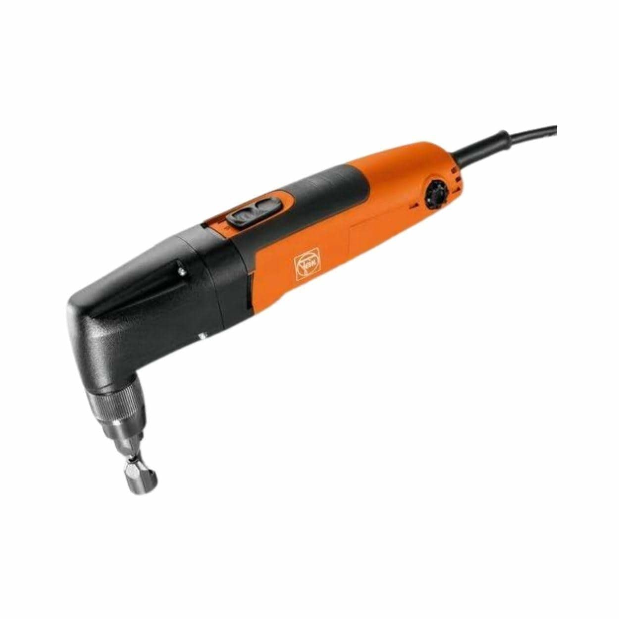A studio image of the Fein BLK 1.6 E universal nibbler, showing its orange and black body and angled cutting head.