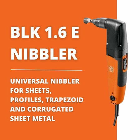 A marketing graphic for the Fein BLK 1.6 E nibbler, showing the tool next to text describing it as a universal nibbler for sheets, profiles, and corrugated metal.