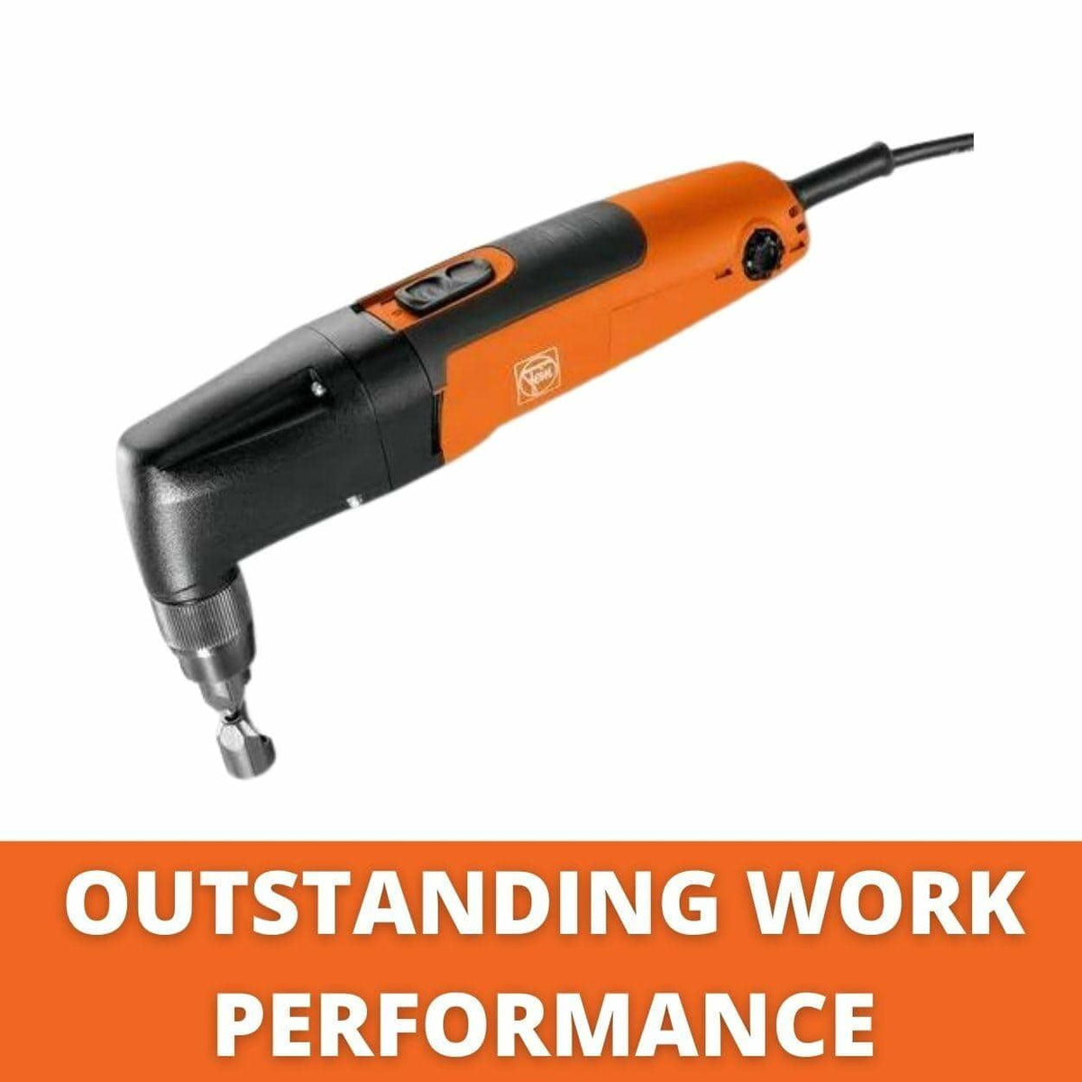 A marketing graphic with text "OUTSTANDING WORK PERFORMANCE" below a studio image of the Fein BLK 1.6 E nibbler.