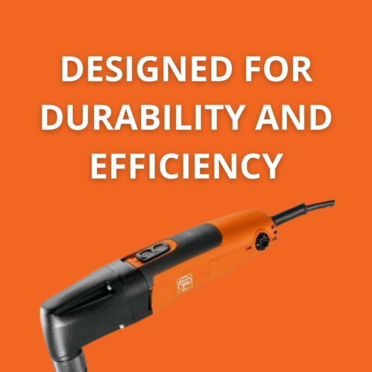 A marketing graphic with text "DESIGNED FOR DURABILITY AND EFFICIENCY" above a close-up of the Fein BLK 1.6 E nibbler.