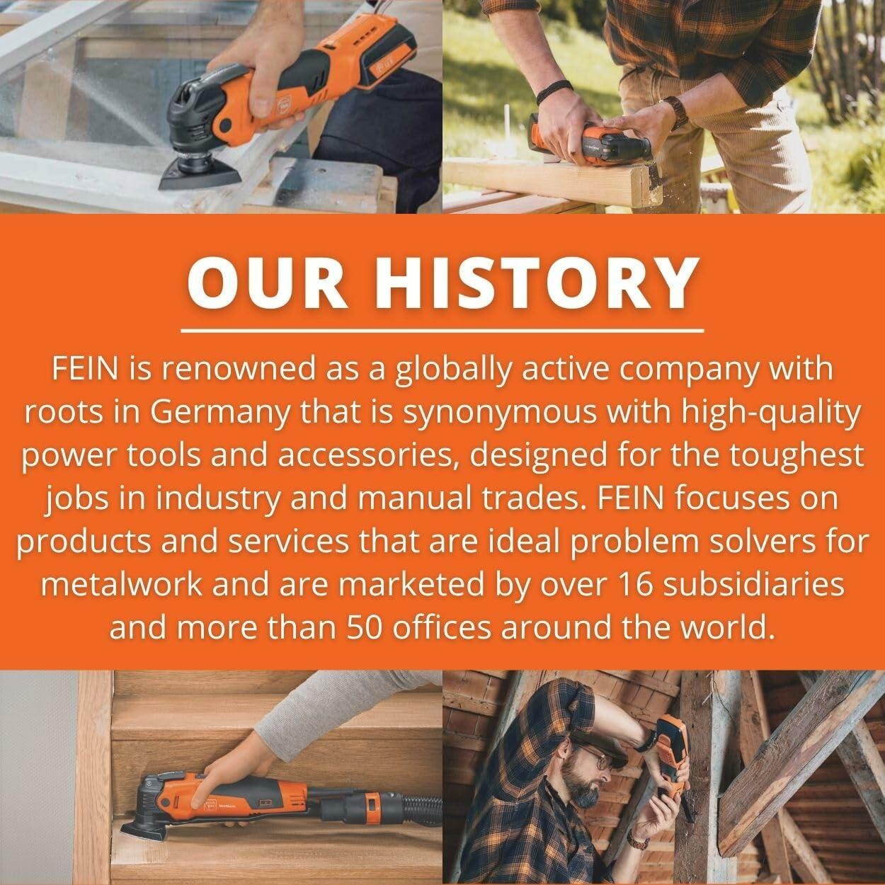 A marketing banner titled "OUR HISTORY" describing Fein as a German company known for high-quality power tools, surrounded by four images of Fein tools in use.