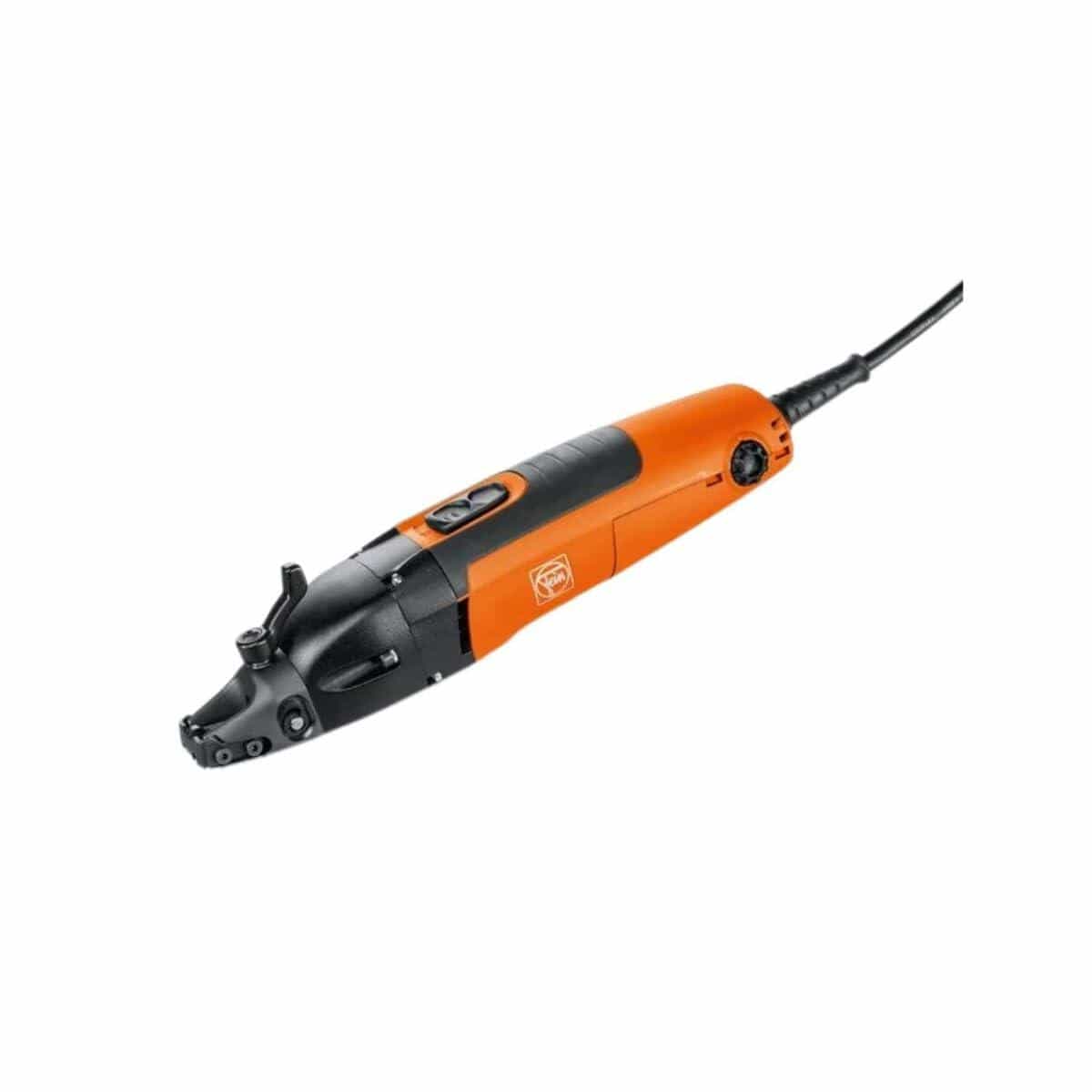 Close-up of an orange and black electric shear tool with corded power and top-mounted switch, designed for precision sheet metal cutting in fabrication and construction tasks.