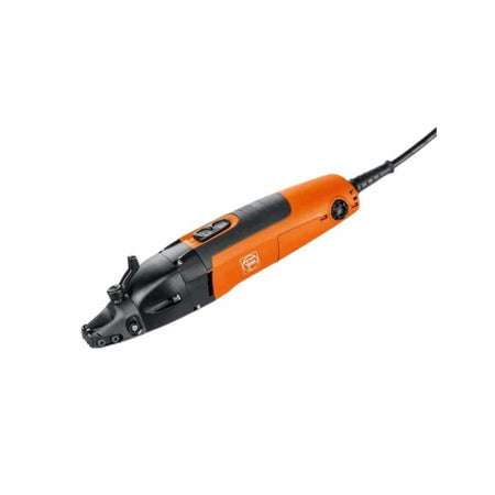 Close-up of an orange and black electric shear tool with corded power and top-mounted switch, designed for precision sheet metal cutting in fabrication and construction tasks.