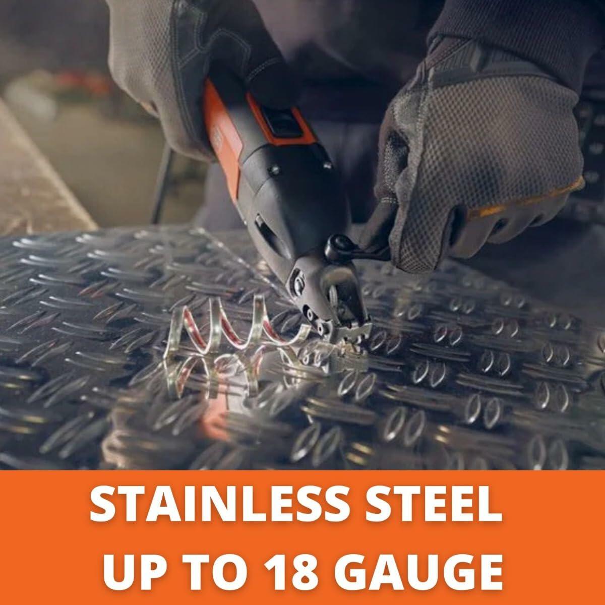 A person wearing gloves uses a handheld electric metal shear to cut stainless steel diamond plate, with overlaid text stating the tool cuts stainless steel up to 18 gauge.