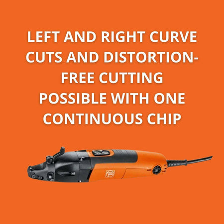 Close-up of an orange and black Fein cutting tool on an orange background with bold white text promoting distortion-free left and right curve cuts using a continuous chip.