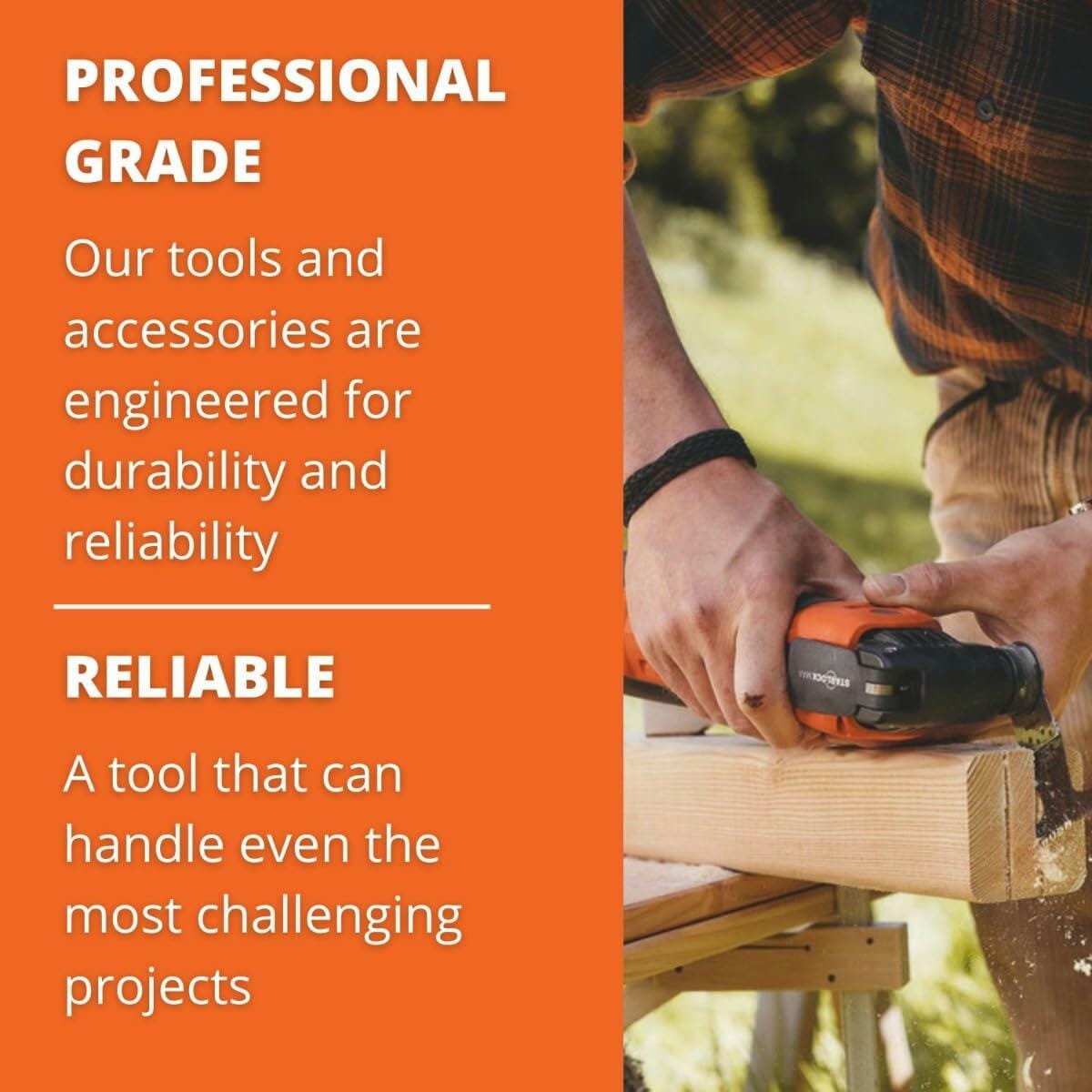 Split-screen image showing a person sanding wood outdoors on the right and promotional text on the left highlighting Fein’s professional-grade tool durability and reliability.