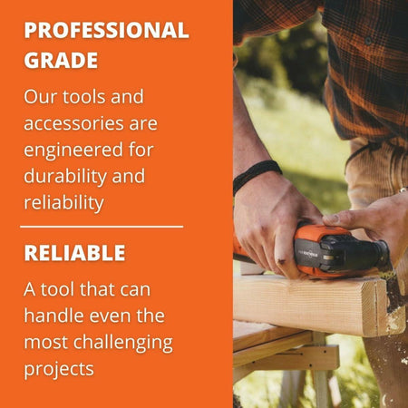 Split-screen image showing a person sanding wood outdoors on the right and promotional text on the left highlighting Fein’s professional-grade tool durability and reliability.