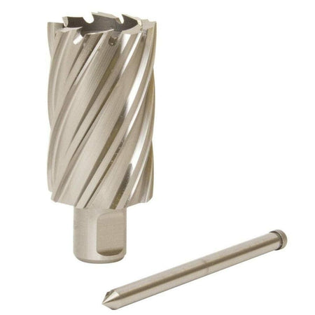 High-Speed Steel (HSS) annular cutter with 1-3/8 inch diameter and 2 inch depth, shown alongside its conical pilot pin used for precise hole drilling in metal.