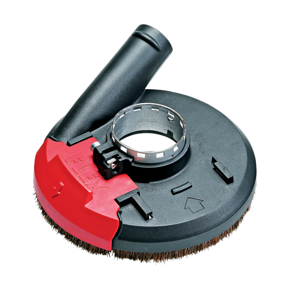 A top-down studio view of the Flex SG-R D125 extraction hood for 5-inch angle grinders, featuring a durable black composite body, a red removable edge segment for flush grinding, a secure metal latching collar, and an integrated brush ring for professional concrete dust collection.