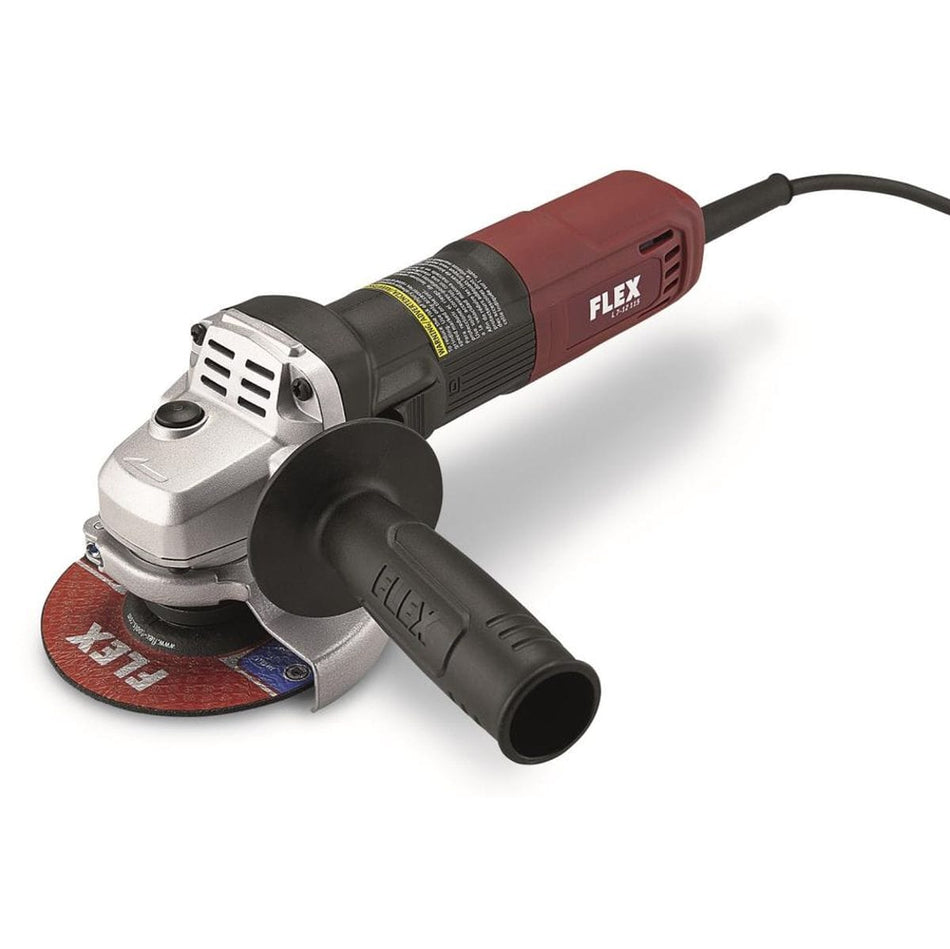 A studio shot of the Flex L 7-11-115 6 Amp 4-1/2 inch small angle grinder featuring a maroon and black ergonomic skinny grip handle, a side sliding switch, and an attached side handle with a 12,000 RPM professional metalworking disc.