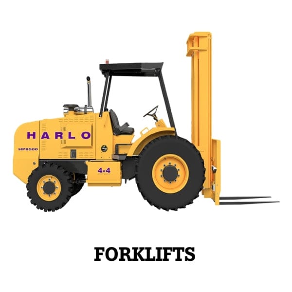 Yellow forklift with 'Harlo' branding on a white background