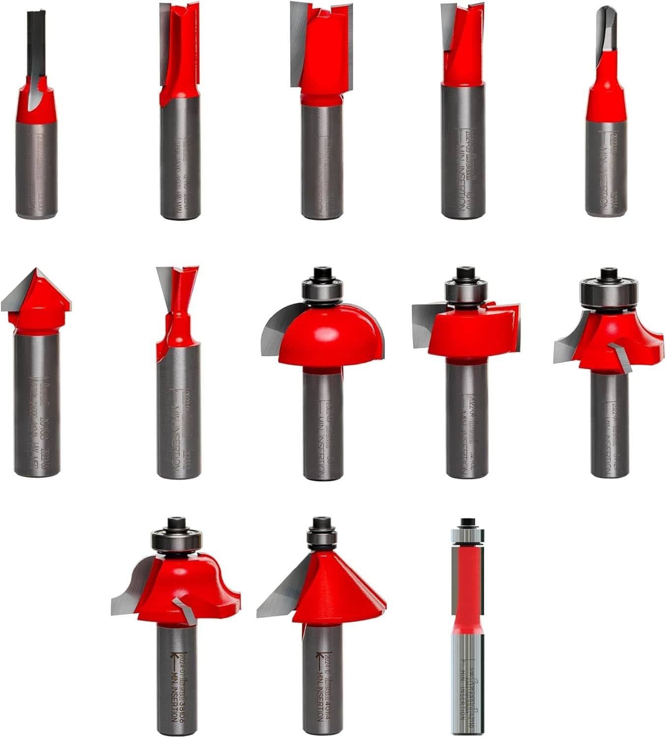 Image of 13 Freud router bits with red cutting heads and metal shanks. Bits vary in shape and profile, designed for edging, grooving, trimming, and shaping wood