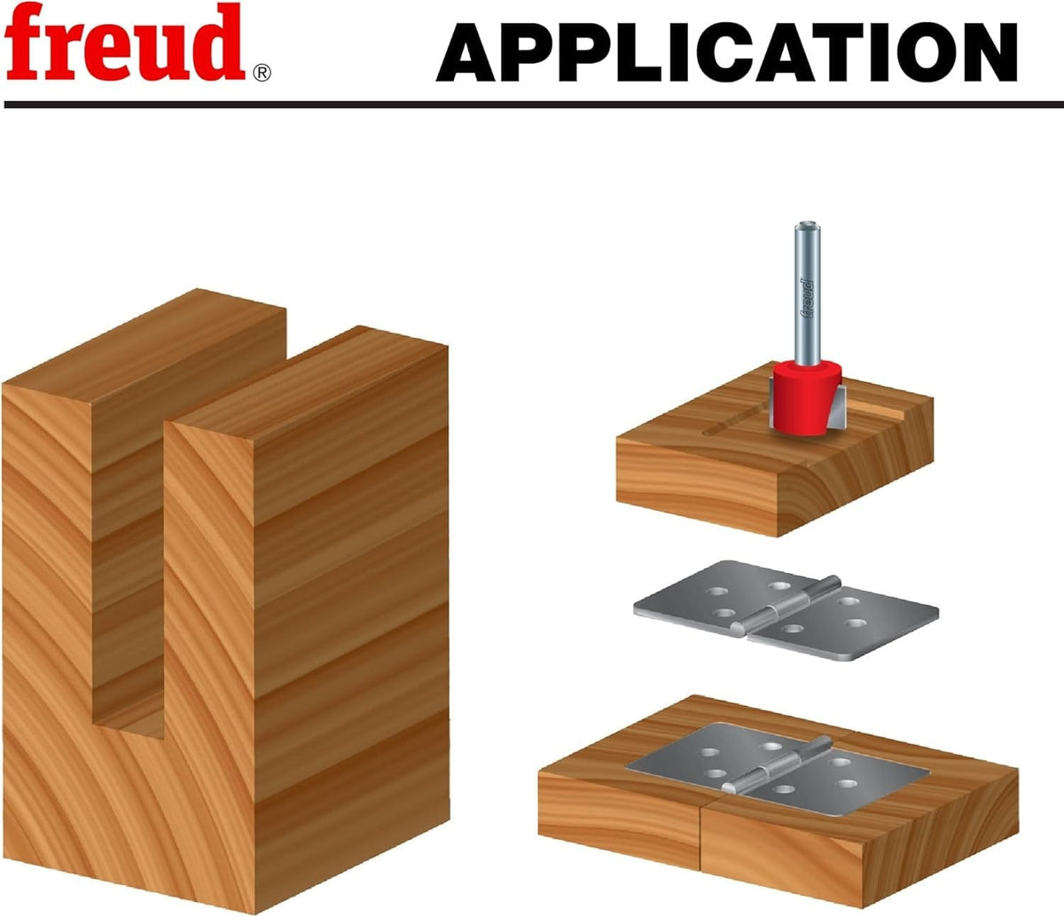 Illustration of a Freud router bit creating a recessed groove in wood for hinge installation. Shows exploded view of router bit, wood block, and hinge plates aligned for flush mounting