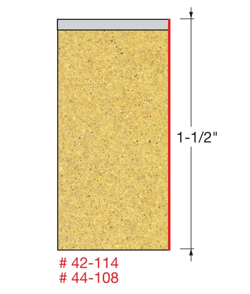 Dimensional diagram showing a cross-section of particle board being cut by the router bit, indicating a cutting depth of 1-1/2 inches.