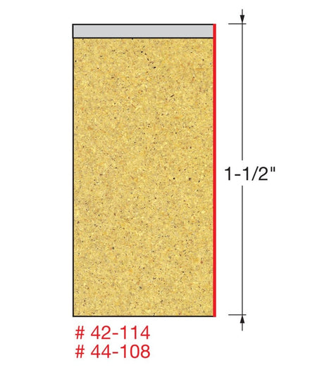 Dimensional diagram showing a cross-section of particle board being cut by the router bit, indicating a cutting depth of 1-1/2 inches.