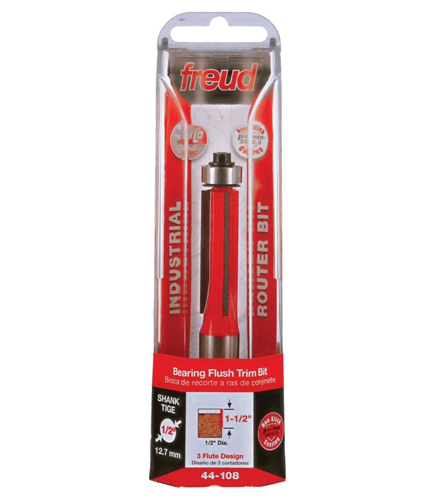 Freud 44-108 Bearing Flush Trim Bit shown in its original retail packaging, highlighting the 1/2 inch shank and 1-1/2 inch cutting height.