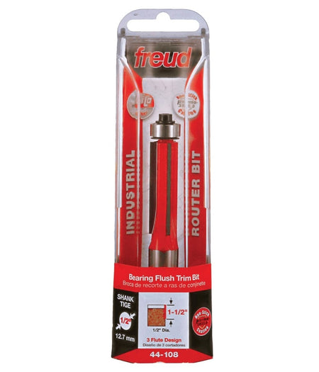 Freud 44-108 Bearing Flush Trim Bit shown in its original retail packaging, highlighting the 1/2 inch shank and 1-1/2 inch cutting height.
