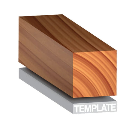 Diagram illustrating the application of a flush trim router bit, showing a piece of wood being cut flush against a gray template below it.