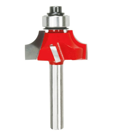 A detailed product view of the Freud 36-110 beading router bit, showing the red carbide cutter, the $1/4$ inch shank, and the guide bearing at the top.