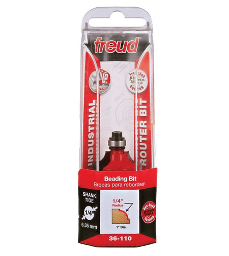 The Freud 36-110 1/4 inch radius beading router bit in its clear plastic retail packaging, highlighting the 1/4 inch shank and 1 inch diameter.