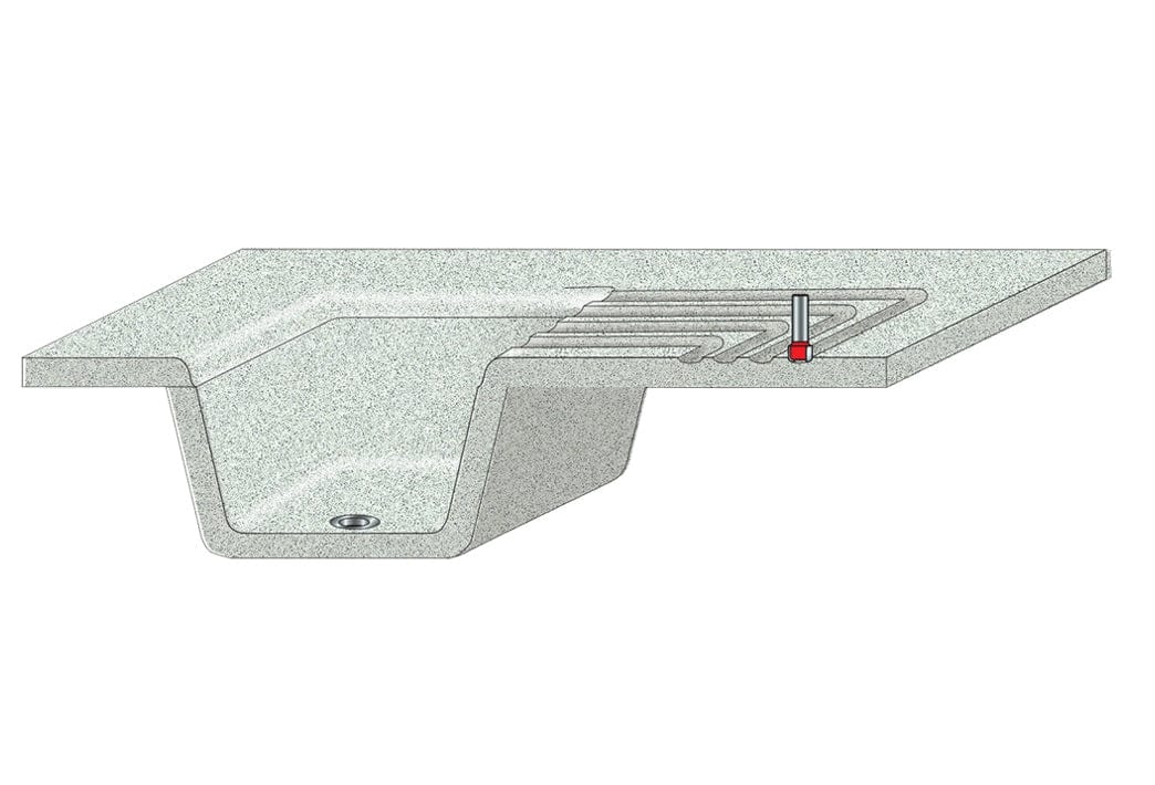 A profile diagram illustrating the exact shape of the cut made by the Freud 85-050 drainboard bit: a flat bottom with a $1/8$ inch radius (R $1/8"$).