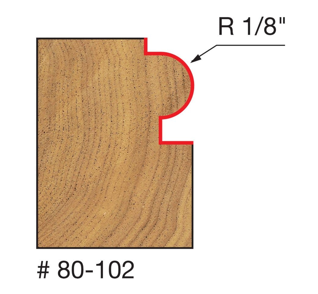 Wood edge profile with 1/8 inch radius concave curve labeled #80-102, showing router bit cutting result.