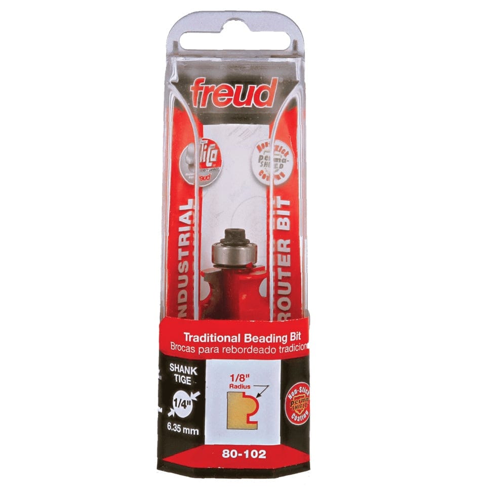 Packaged Freud 80-102 traditional beading router bit with 1/4 inch shank and 1/8 inch radius.