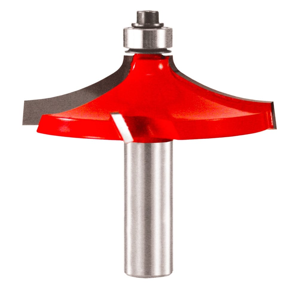 A studio profile image of the red Freud 99-027 table edge and handrail router bit with its 1/2-inch shank and guide bearing.