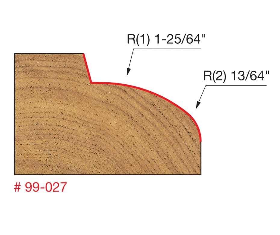 A technical drawing of the Freud 99-027 router bit's profile, showing the R1 and R2 radius specifications.