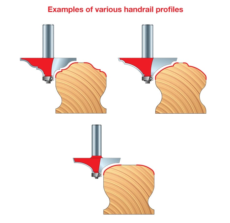 An infographic illustrating three examples of different handrail profiles that can be created using the Freud 99-027 router bit.