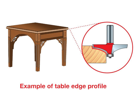 An infographic showing how the Freud 99-027 bit creates an elegant profile on the edge of a furniture table.