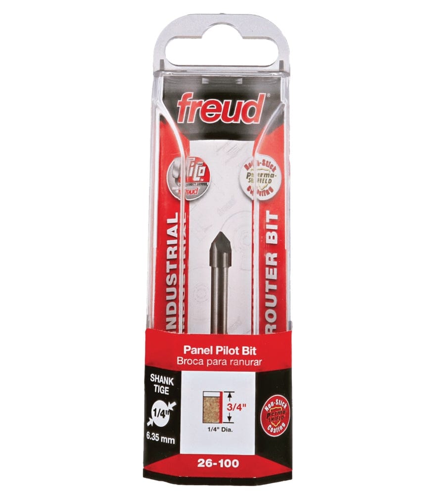 The Freud 26-100 panel pilot router bit displayed in its clear retail packaging, which highlights the product name, shank size, and model number.