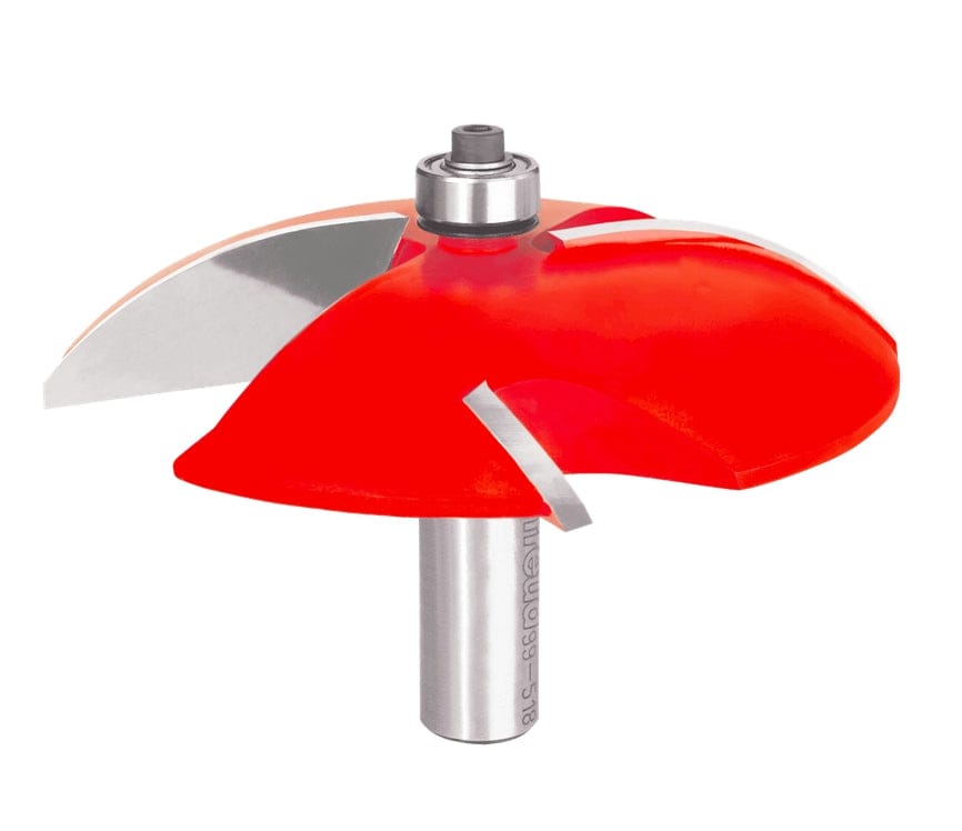 Freud router bit with red coating and bearing guide, designed for shaping wood edges in cabinetry and trim.