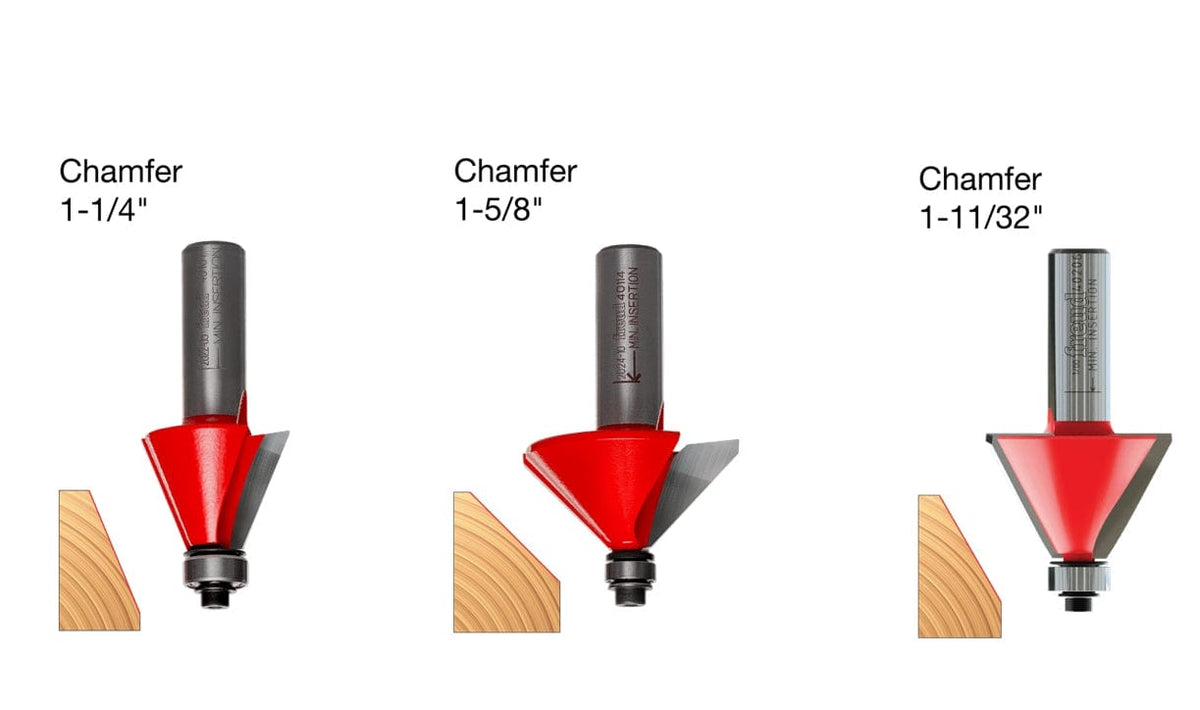 Image of three Freud chamfer router bits displayed above wood samples showing their cutting profiles. Bits are labeled by size: 1-1/4", 1-5/8", and 1-11/32", each producing a distinct bevel edge.