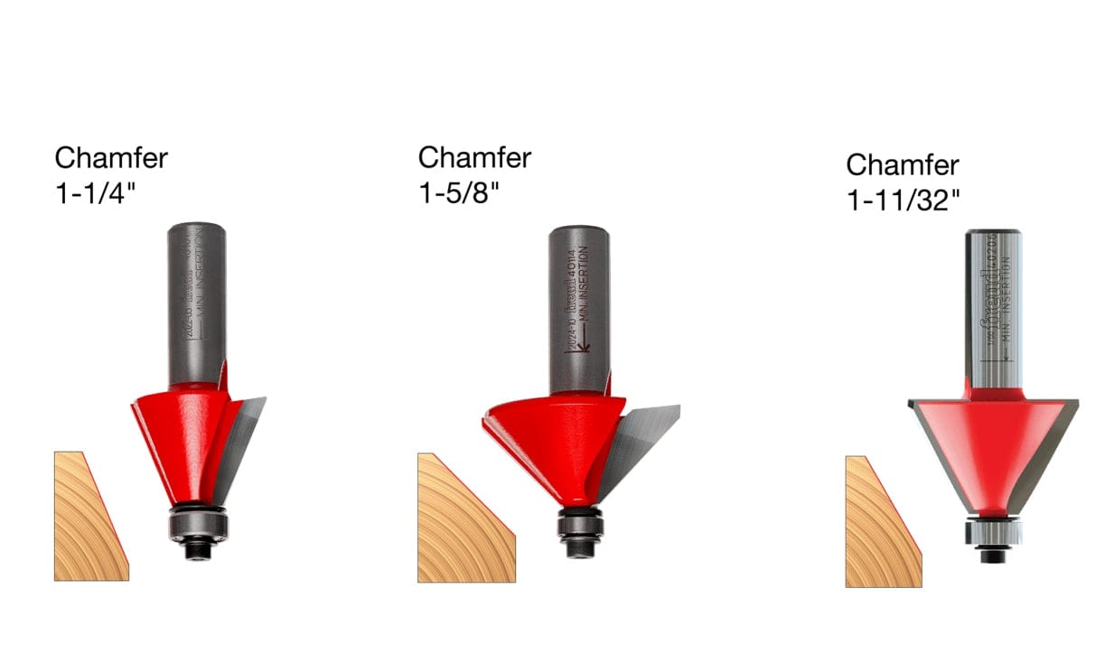 Image of three Freud chamfer router bits displayed above wood samples showing their cutting profiles. Bits are labeled by size: 1-1/4", 1-5/8", and 1-11/32", each producing a distinct bevel edge.