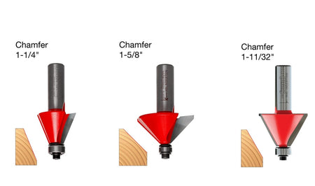 Image of three Freud chamfer router bits displayed above wood samples showing their cutting profiles. Bits are labeled by size: 1-1/4", 1-5/8", and 1-11/32", each producing a distinct bevel edge.