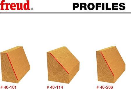 Freud profile comparison showing three angled cuts in wood blocks labeled with model numbers #40-101, #40-114, and #40-206. Each block illustrates a different chamfer angle: 22.5°, 30°, and 45°.