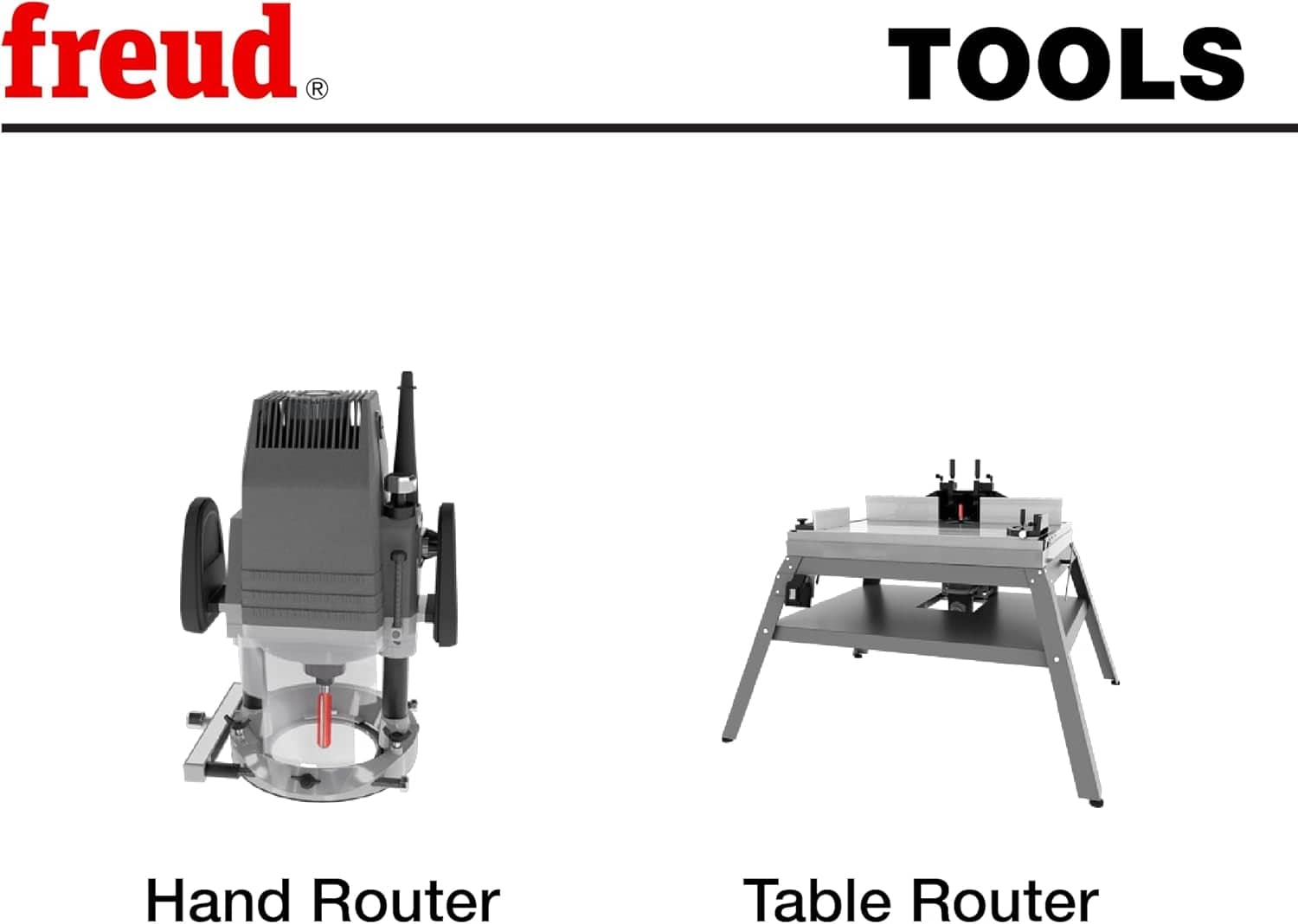 Freud comparison image showing a handheld router and a table-mounted router under the heading “TOOLS.” Highlights the difference between portable and stationary routing setups for edge shaping and beveling.