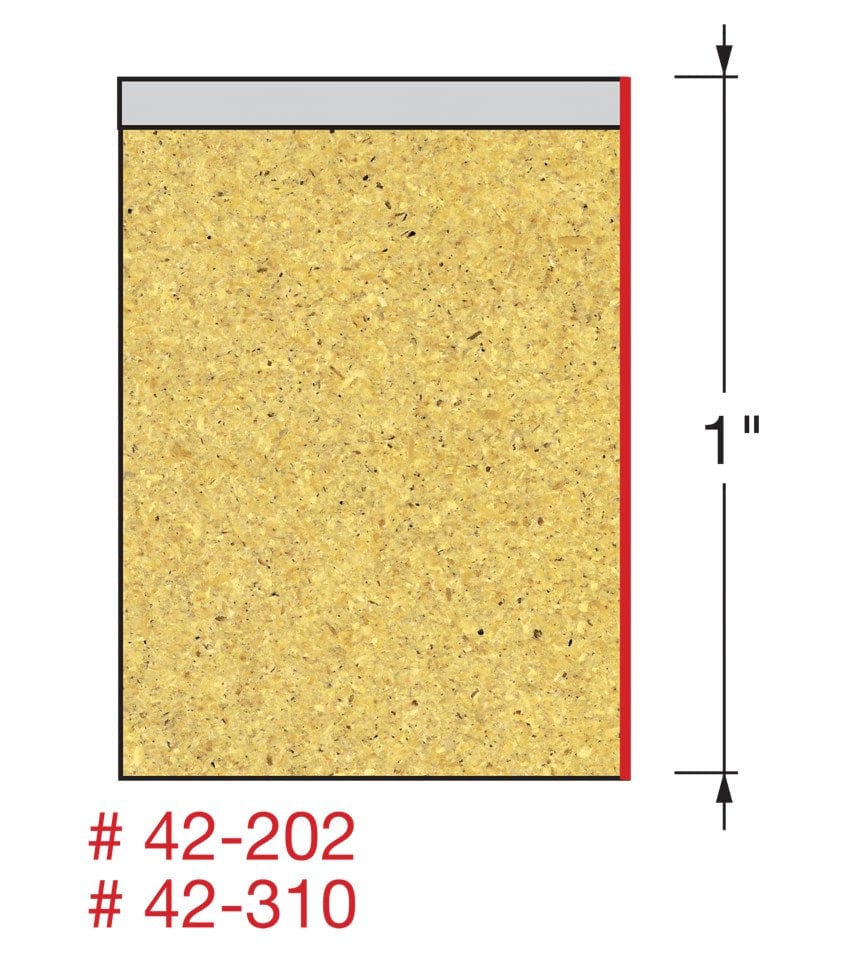 Cross-section diagram of layered material labeled 1 inch thick, with product numbers 42-202 and 42-310.