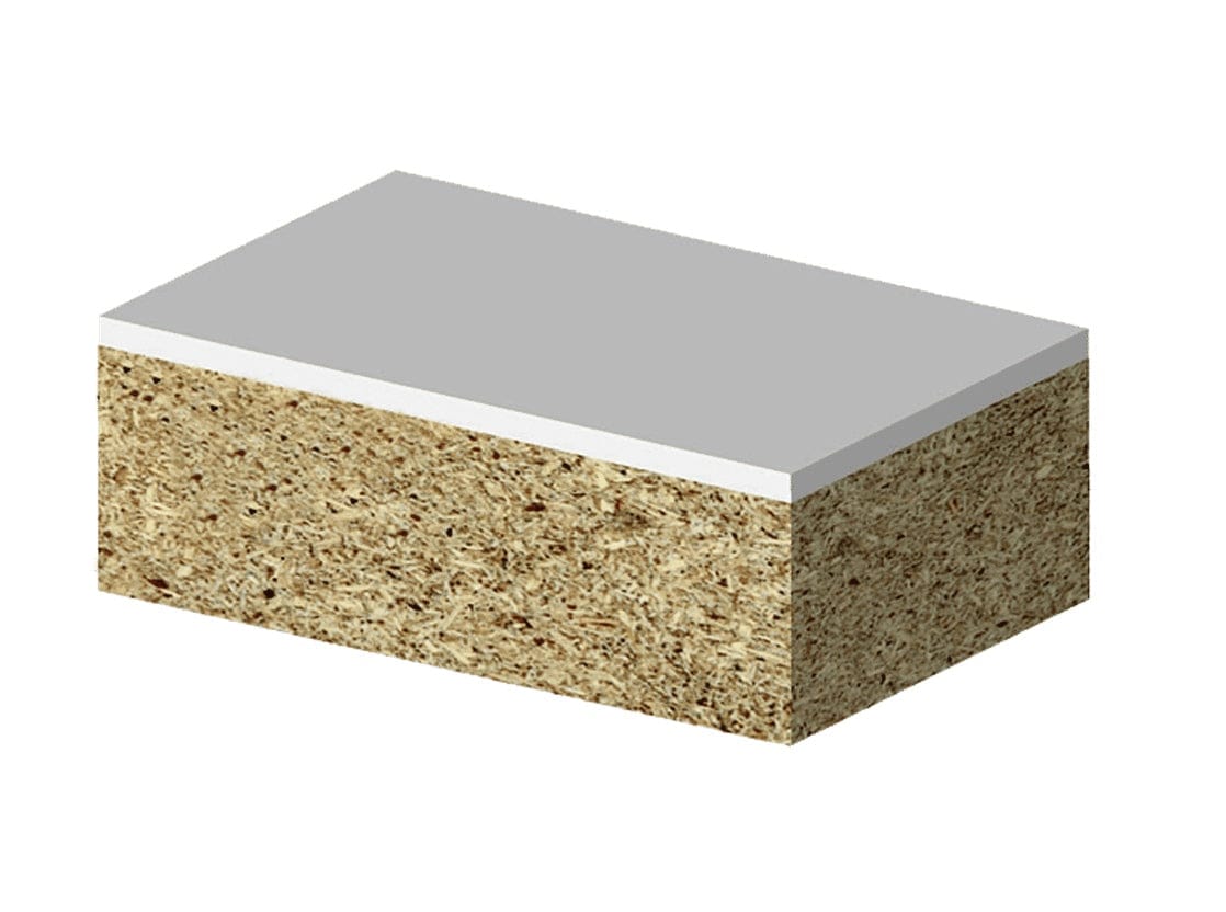 Layered material block with smooth top veneer and coarse particle board core, used in cabinetry or furniture.