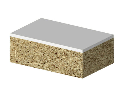 Layered material block with smooth top veneer and coarse particle board core, used in cabinetry or furniture.