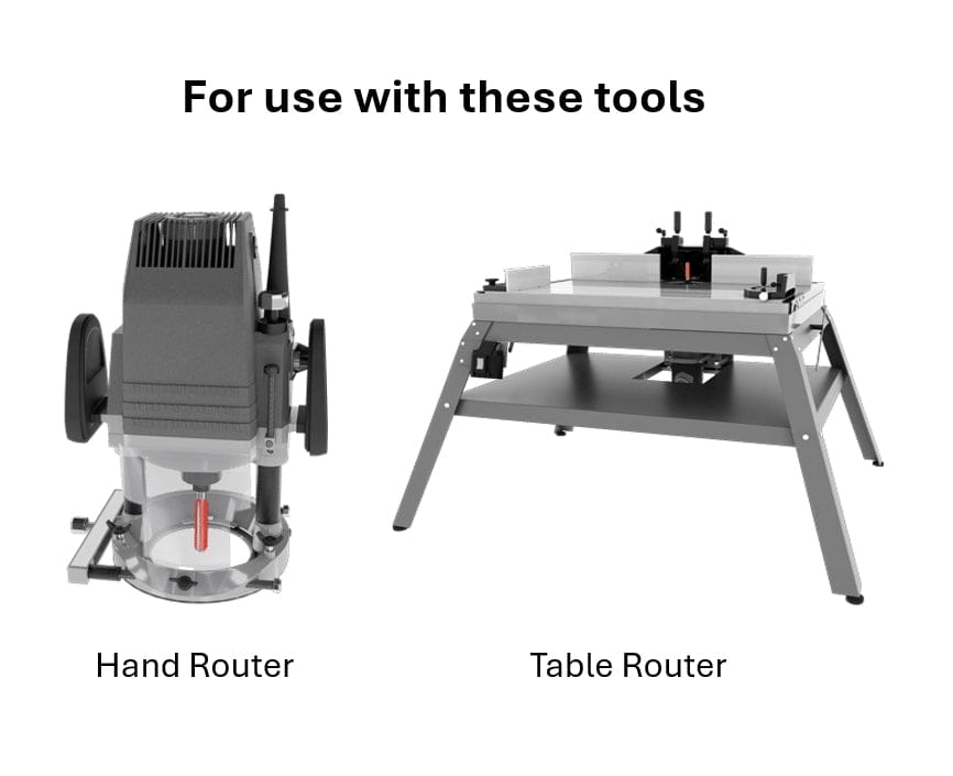 Diagram showing hand router and table router labeled as compatible tools for flush trim bit applications