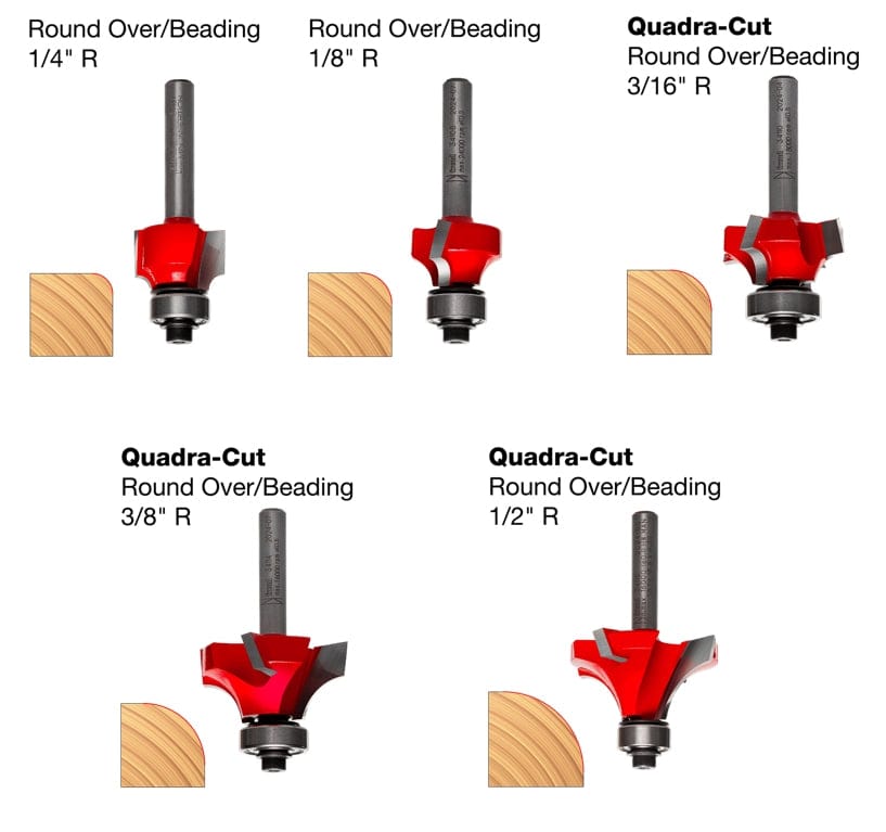Diagram showing five Freud router bits with labeled cutting profiles and radii: 1/8", 1/4", 3/16", 3/8", and 1/2". Each bit is illustrated with its corresponding wood edge shape for round over or beading applications.