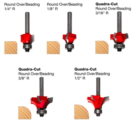 Diagram showing five Freud router bits with labeled cutting profiles and radii: 1/8", 1/4", 3/16", 3/8", and 1/2". Each bit is illustrated with its corresponding wood edge shape for round over or beading applications.