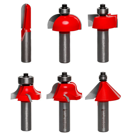 Image of six Freud router bits arranged in two rows. Each bit has a unique cutting shape, including straight, round-over, rabbet, cove, classical, and chamfer profiles. Designed for shaping, edging, and joinery in woodworking applications
