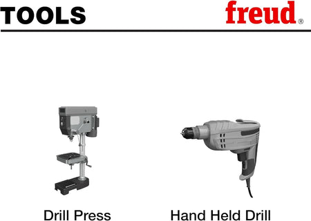 Comparison image showing two types of drills labeled “TOOLS” with Freud branding. Left side features a stationary drill press; right side shows a handheld drill. Used to illustrate different drilling applications