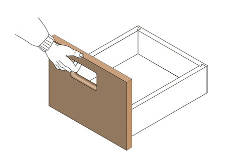 Hand holding drawer with smooth bullnose edge, showcasing Freud 99-019 router bit rounded profile finish.